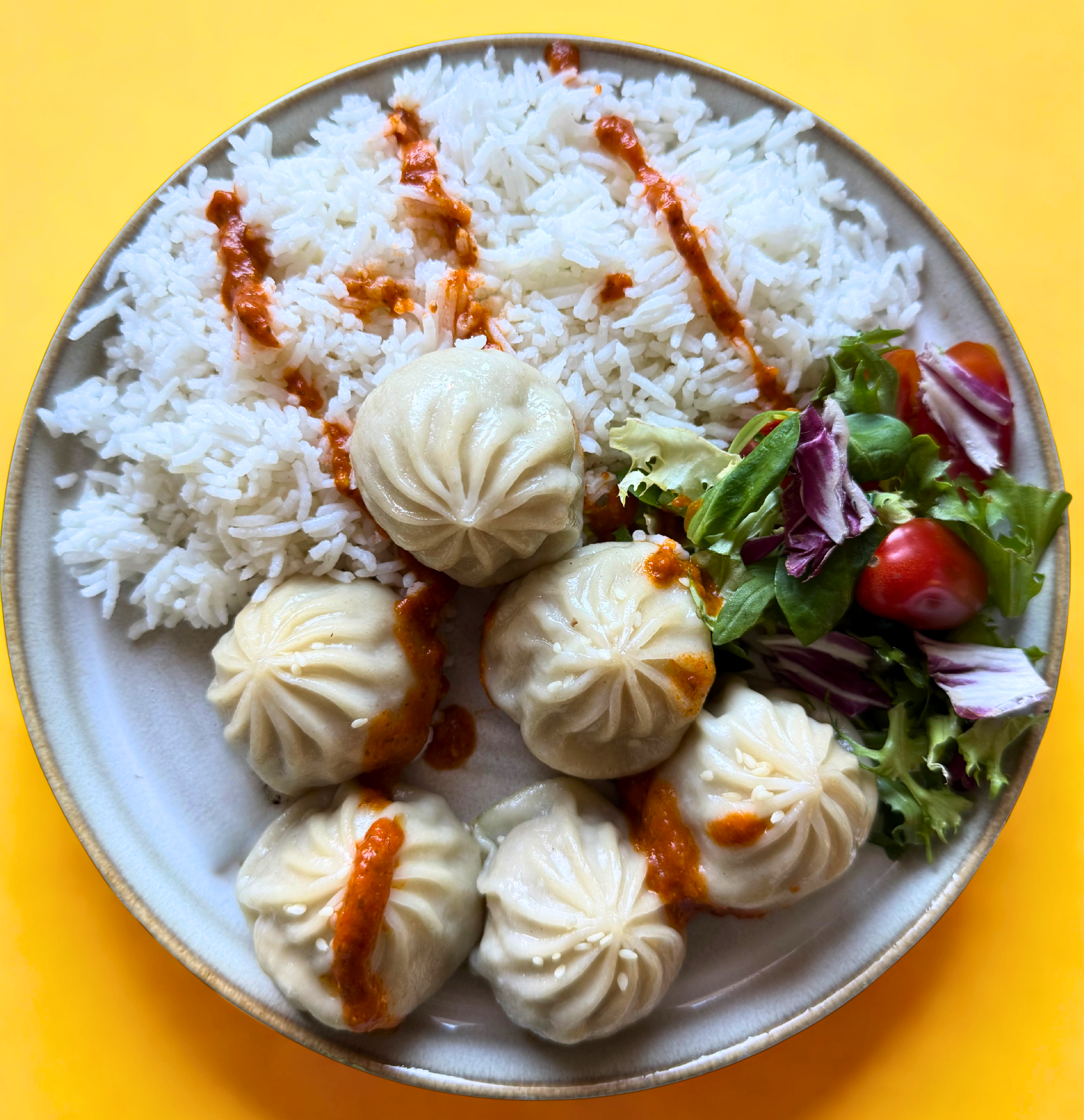 Momo Dumplings riisin ja salaatin kanssa